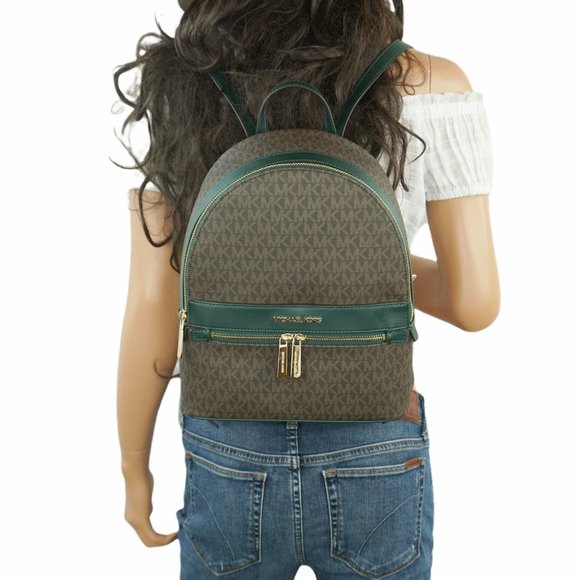 Michael Kors Kenly Medium Backpack MK Brown Racing Green - Picture 1 of 10